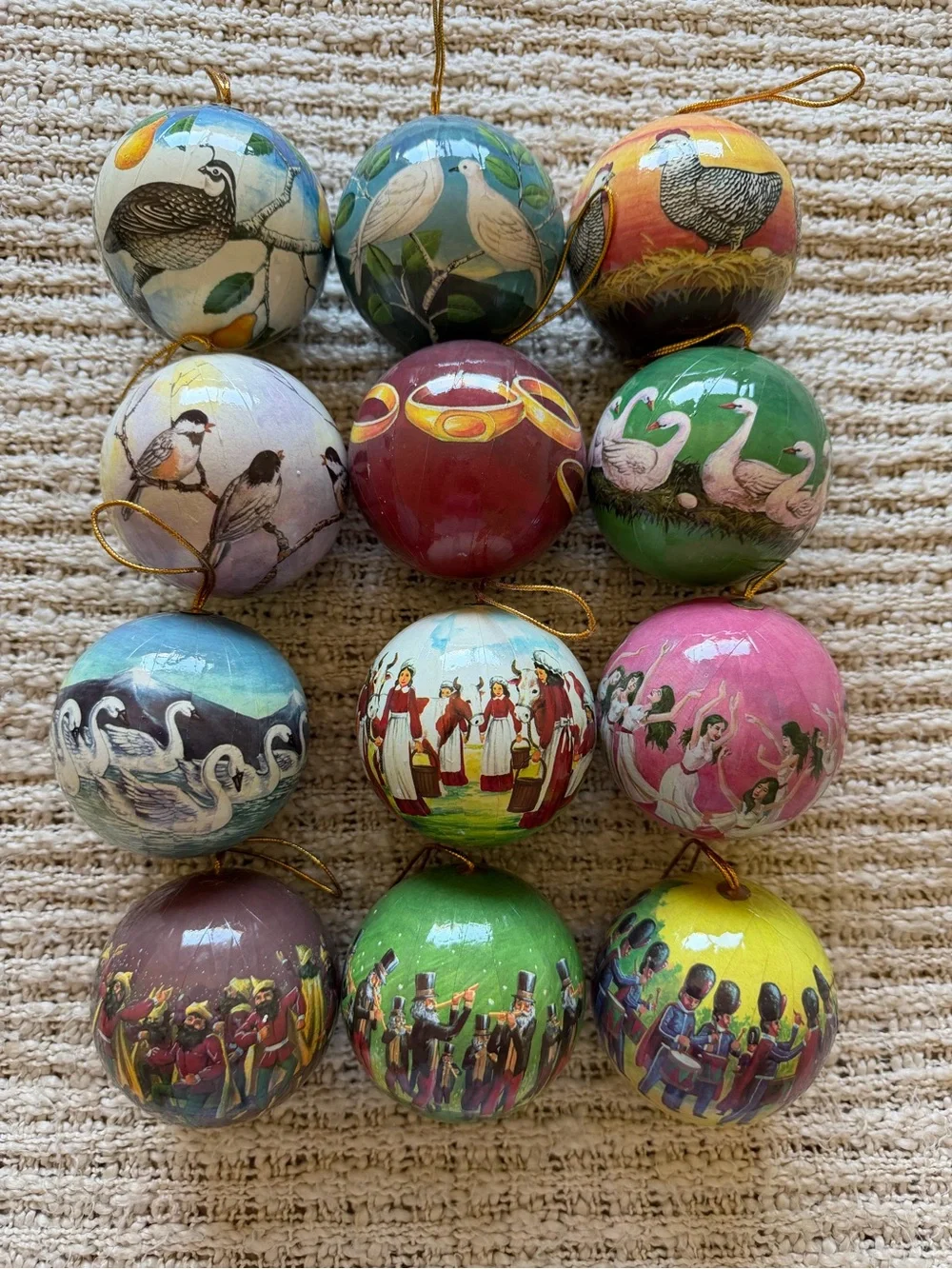 vintage set of 12 Days of Christmas tree ornaments